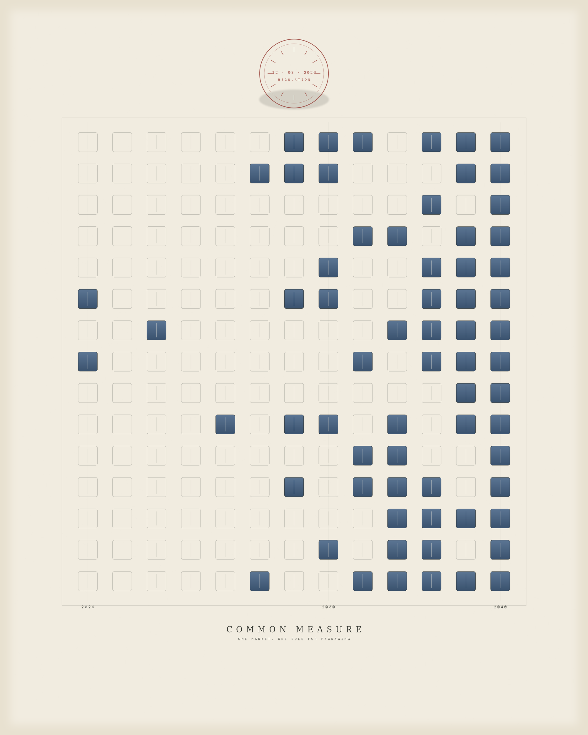 Common Measure — a ledger-style grid of small packaging-box icons turning from outline to filled blue left to right, capped by a red circular regulatory seal stamped 12.08.2026