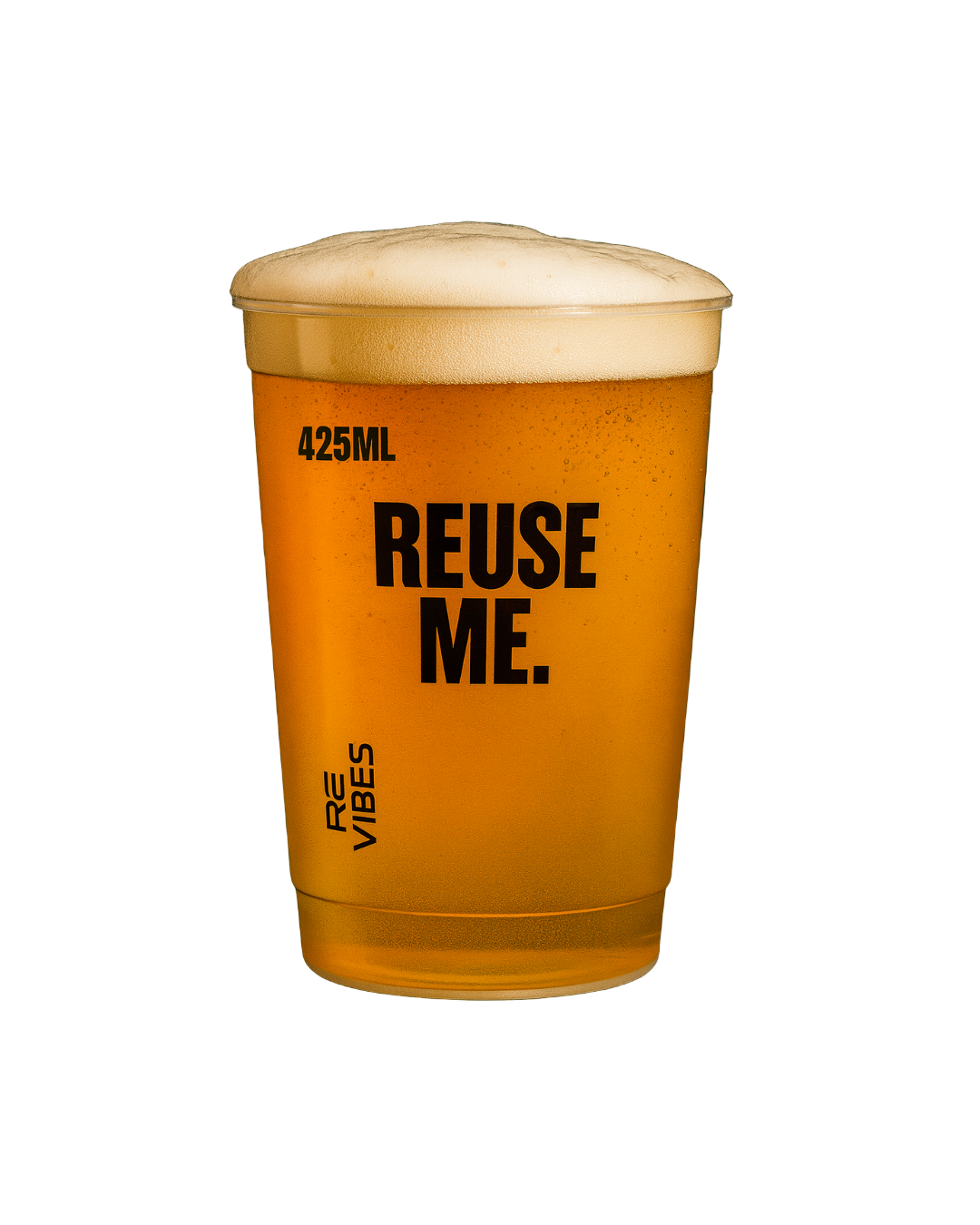 Reusable cup with beer and 'REUSE ME.' text on a green background