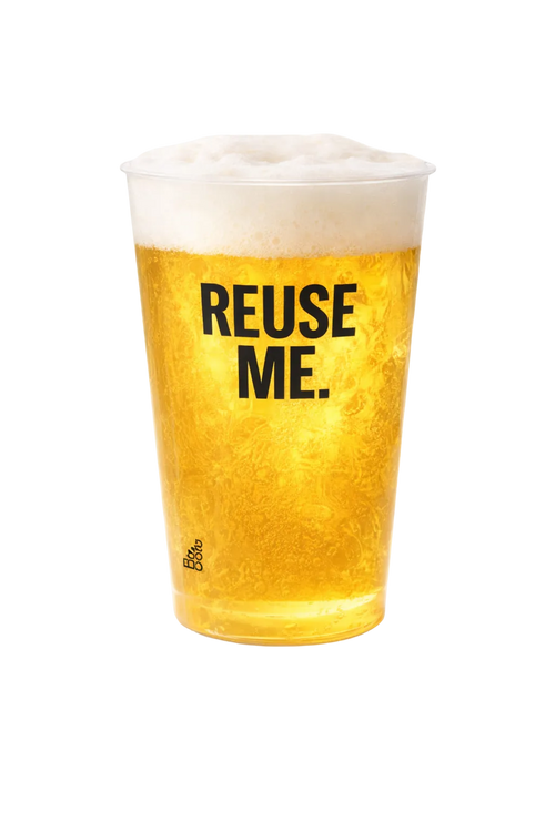 Pint glass with beer and 'REUSE ME.' text on a white background